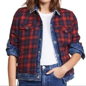 Blank NYC | Cozy Cabincore Retro Red Flannel Plaid Reversible Denim Jacket | XS